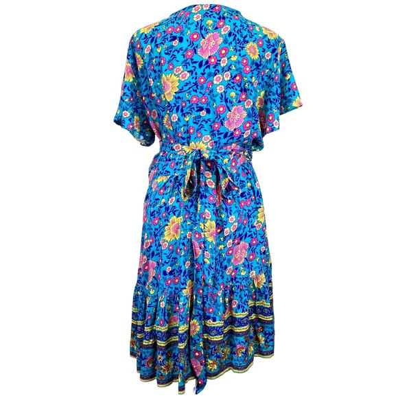 ZESICA Boho Chic Floral Mini Wrap Dress Womens Sz L Turquoise Blue Spring Summer - Picture 5 of 9